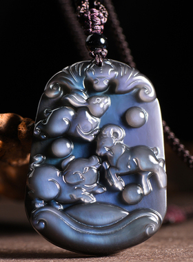 冰种蓝眼黑曜石生肖属猪兔羊项链亥卯未三合贵人吊坠猪羊得宝项链