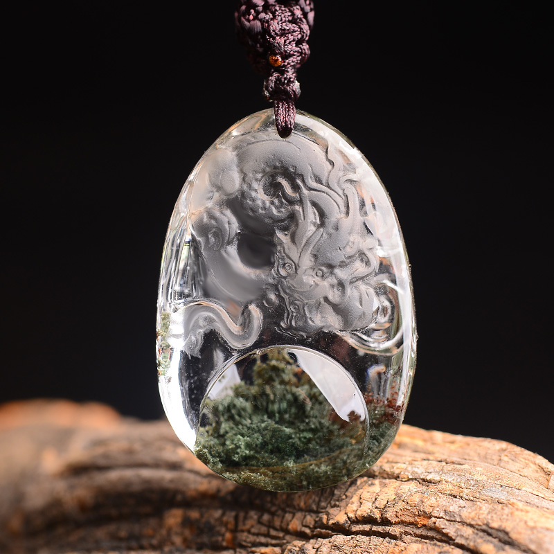 天然绿幽灵龙吊坠水晶龙牌挂件饰品鱼化龙霸气中国龙吐珠项链男