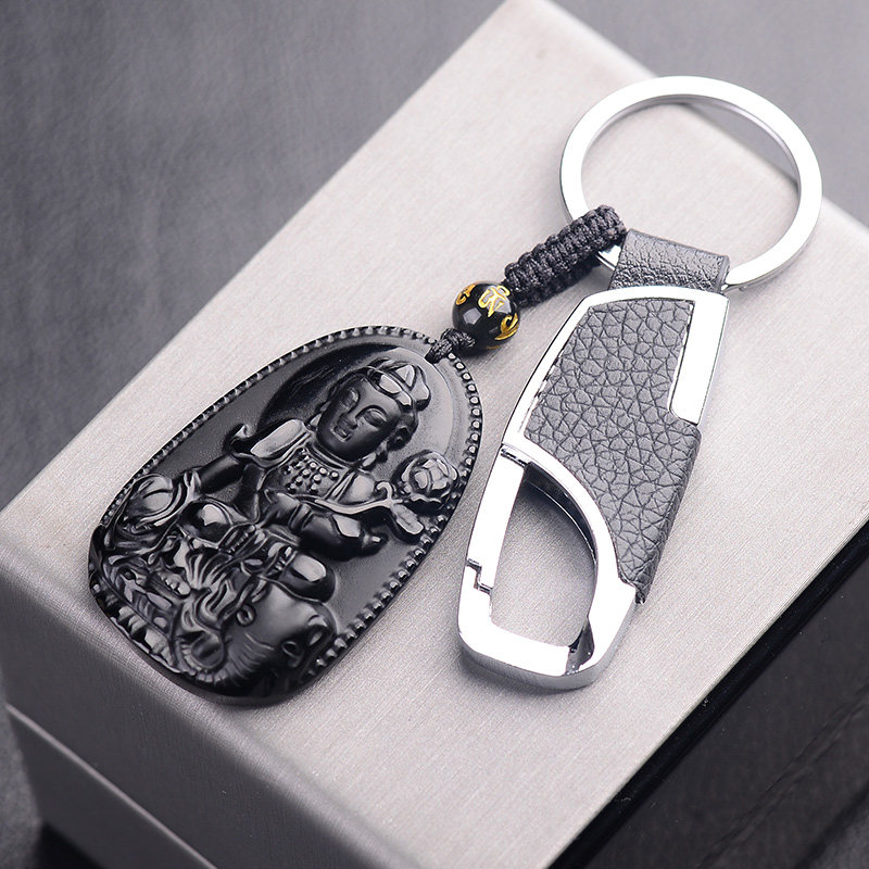 天然黑曜石普贤菩萨挂坠钥匙扣生肖属龙蛇本命佛守护神男女吊坠