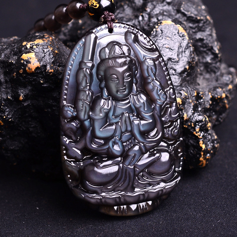 宫妃蓝眼黑曜石守护神吊坠 千手观音菩萨生肖属鼠本命佛 附证书