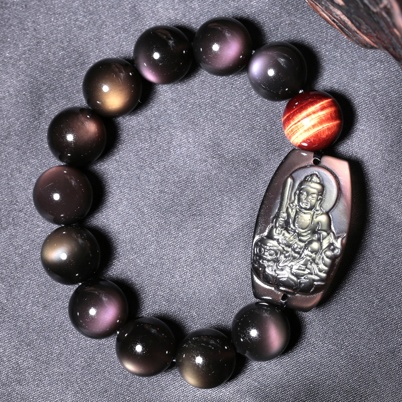 宫妃文殊菩萨 彩虹蓝眼冰种黑曜石本命佛手链属兔守护神男士手串