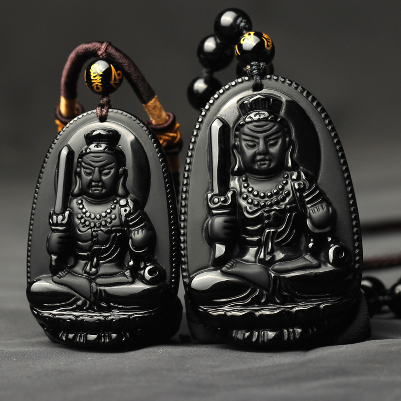 天然黑曜石不动明王吊坠生肖属鸡本命佛不动尊菩萨项链男女礼物