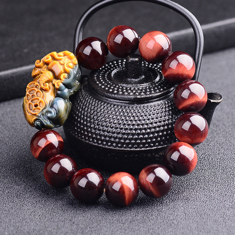 宫妃 蓝虎眼石貔貅手链男士手串红虎晴石佛珠饰品水晶鹰眼石