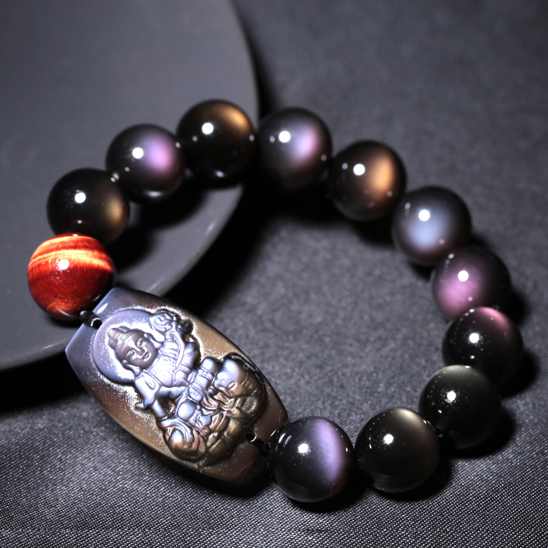 宫妃 蓝眼冰种黑曜石本命佛手链普贤菩萨 生肖属龙蛇守护神彩虹眼