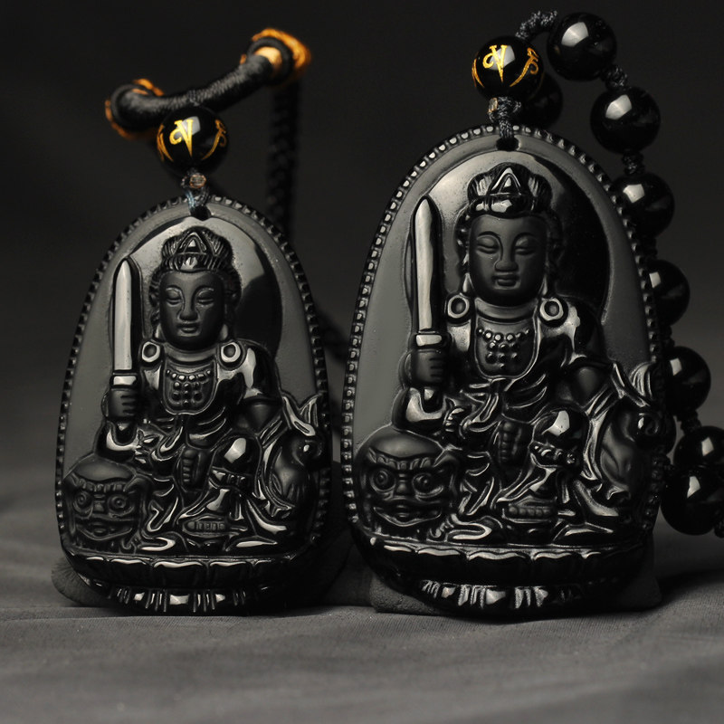 天然黑曜石属兔本命佛吊坠文殊菩萨生肖兔人守护神吊坠挂件男女