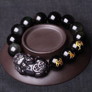 2023年黑曜石貔貅三合生肖贵人虎马狗手链属马人犯破太岁手串男女