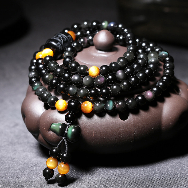 彩虹眼黑曜石108颗手链平安葫芦佛珠多层虎眼石多圈正品手串男女