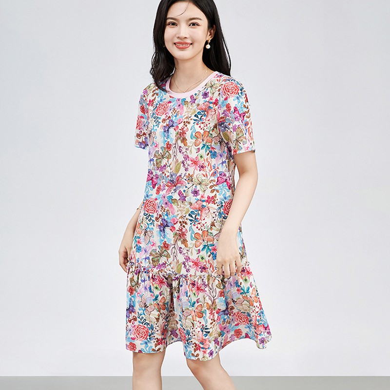 夏季新款时尚减龄雪纺蝴蝶结印花圆领短袖宽松遮肚荷叶边连衣裙女