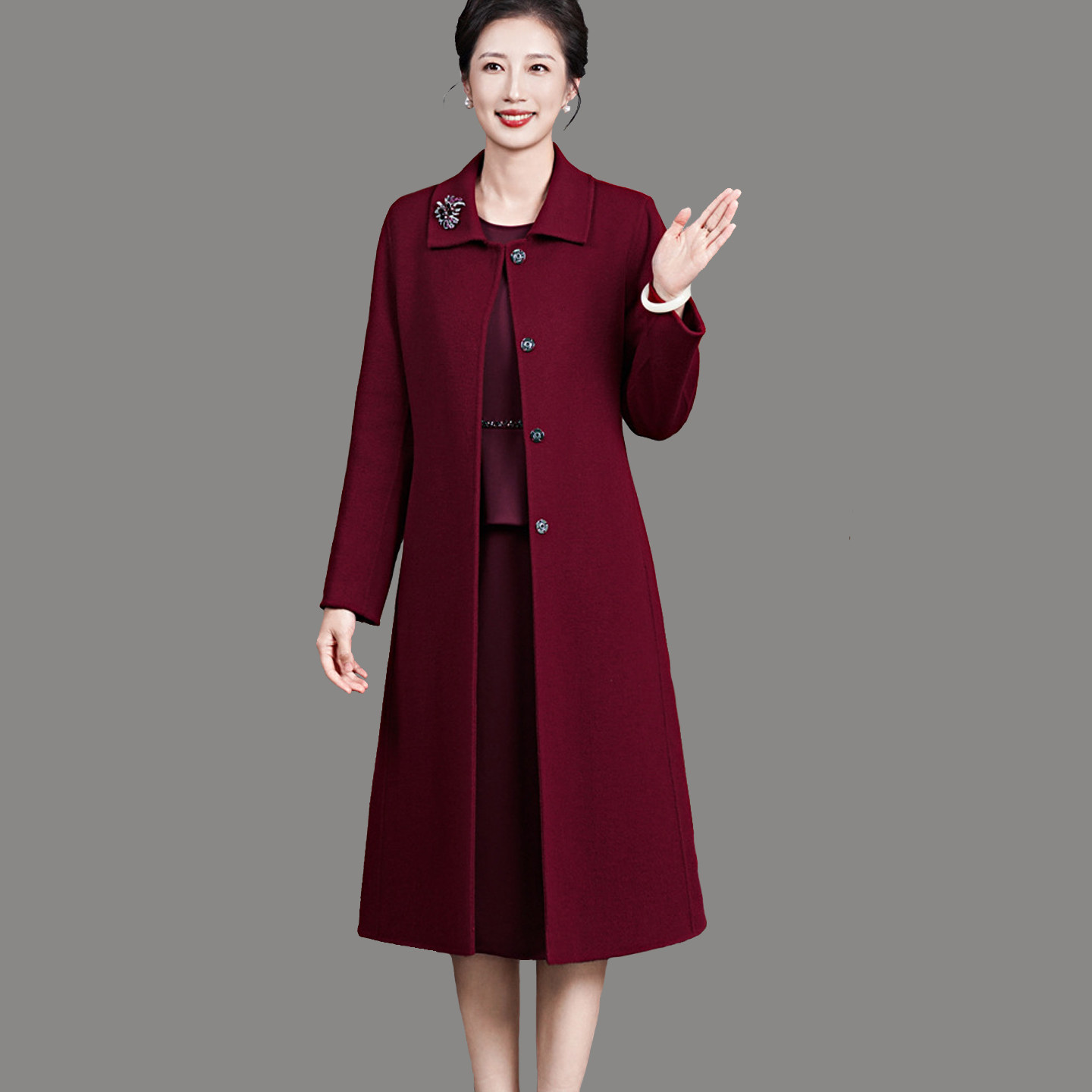 冬装新款气质翻领暗扣修身显瘦长款纯色双面羊毛呢大衣加厚外套女