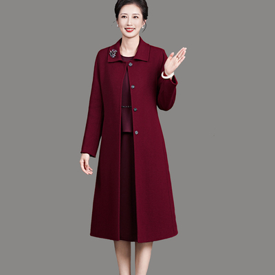 翻领修身长款双面羊毛呢大衣外套