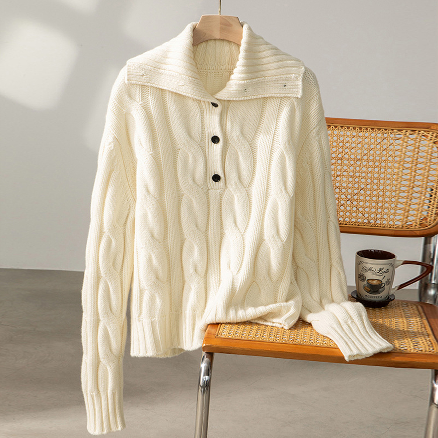 翻领麻花辫加厚绵羊毛针织衫毛衣