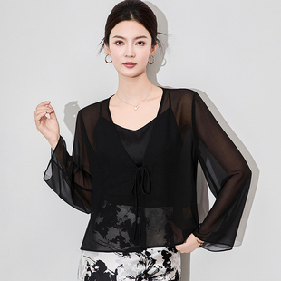 高级感时尚V领长袖系带轻薄凉感乔其纱开衫防晒衣百搭纯色上衣女