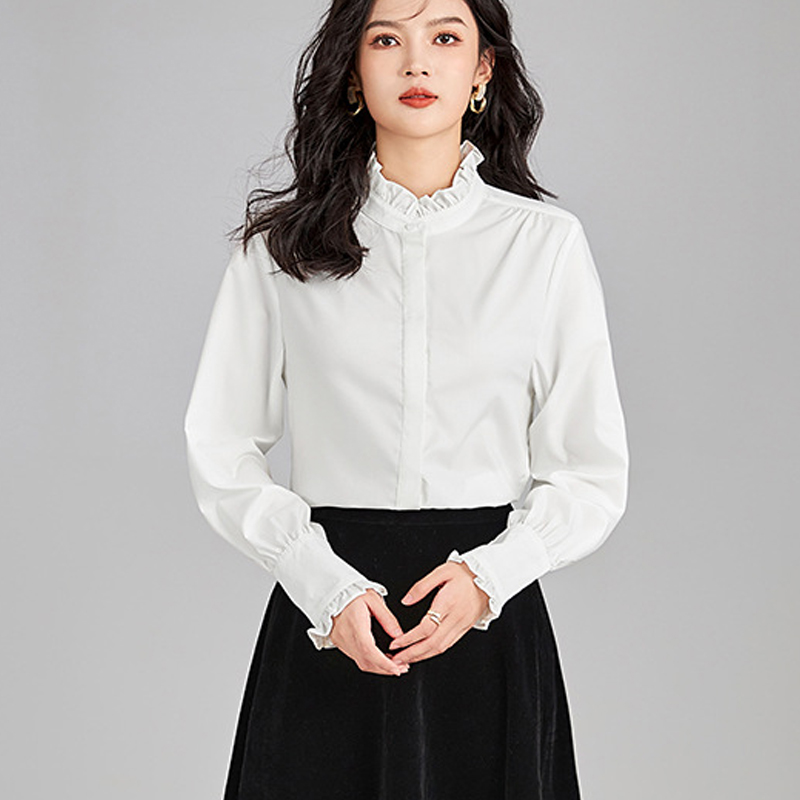 高端时尚英伦木耳领长袖免烫单排扣白色衬衫修身显瘦职业上衣女