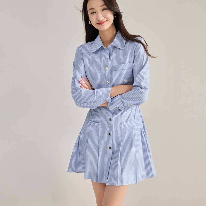 翻领长袖单排扣条纹衬衫连衣裙