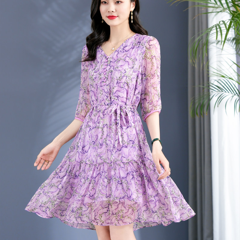 高级感V领薰衣草印花系带真丝连衣裙中长款荷叶边小个子桑蚕丝裙