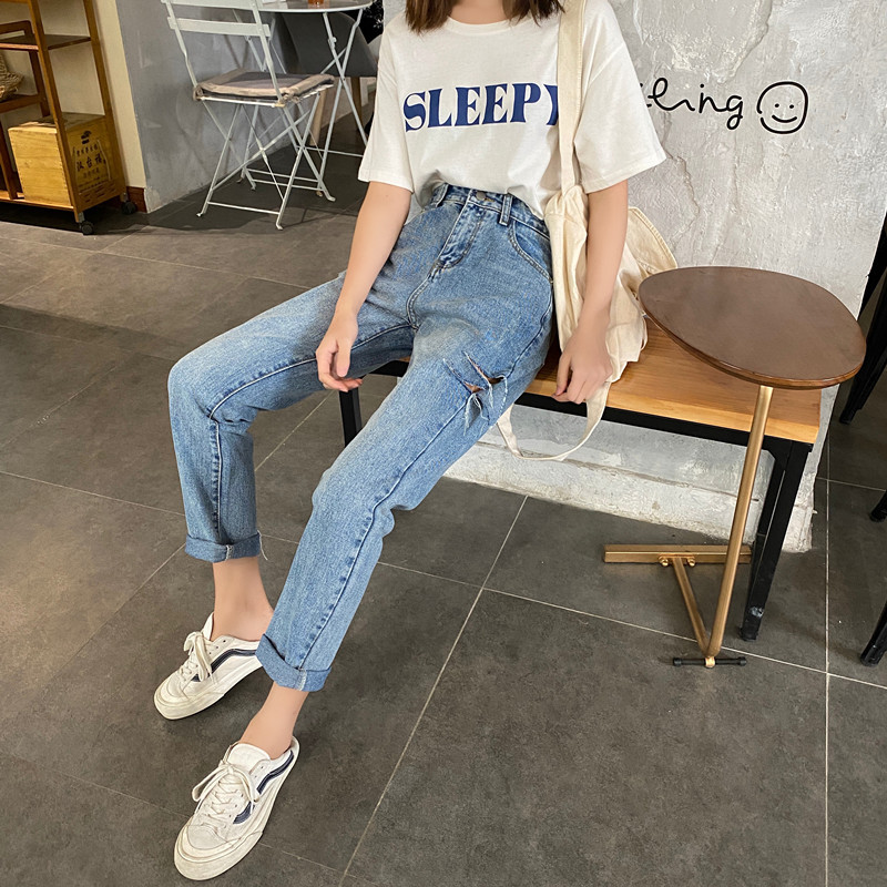 Photo of light color jeans with holes for women's new summer fashion beggar wide leg loose straight pants