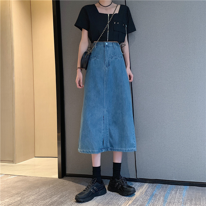 Real shooting denim skirt for women's summer new retro style mid long split high waisted skirt with thin crotch