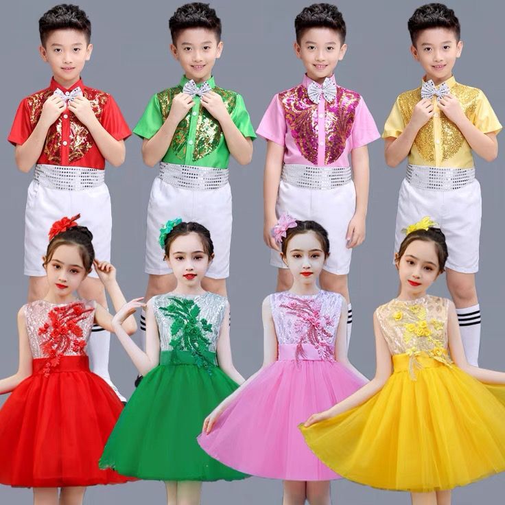 学生儿童礼服六一演出服女童蓬蓬裙亮片连衣裙男童背带裤大合唱服