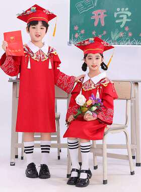 儿童簪花博士服红色毕业袍中式中国风毕业照学士服幼儿园毕业服装