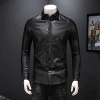 2019 Thu mới Hộp đêm Slim Leather Áo thun nam cho nam Cổ áo Lapel Slim Leather Dummy PY111P98 - Quần áo lông thú áo khoác dài nam