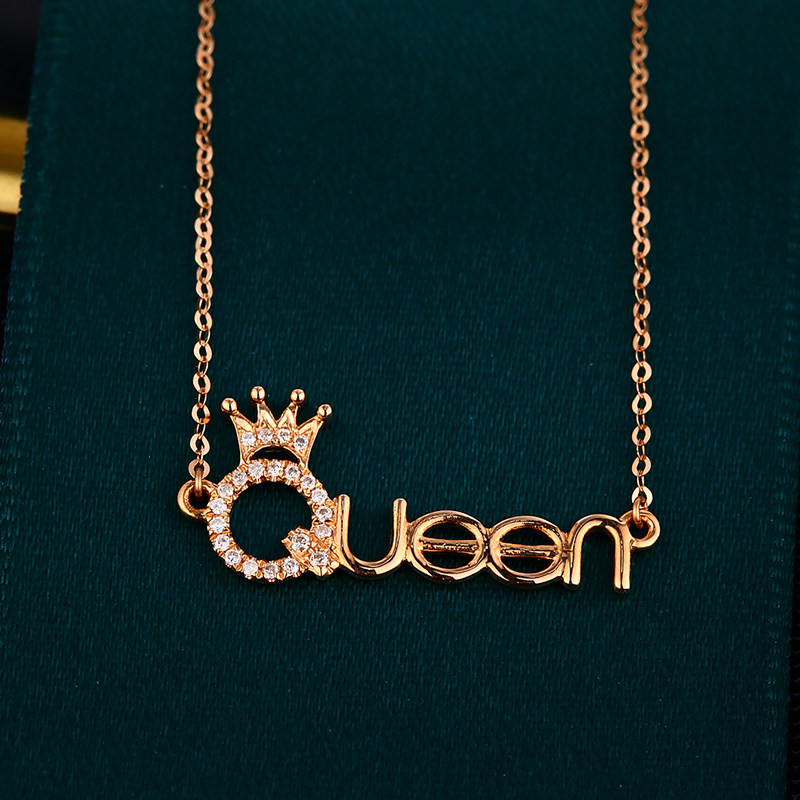 18k白金黄金玫瑰金天然钻石字母queen女王项链锁骨链套链女小清新