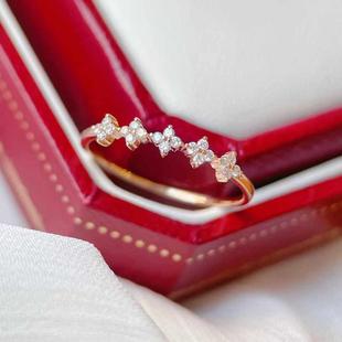 纯18k金玫瑰金天然真钻石四叶草戒指女戒 群镶轻奢五花au750钻戒