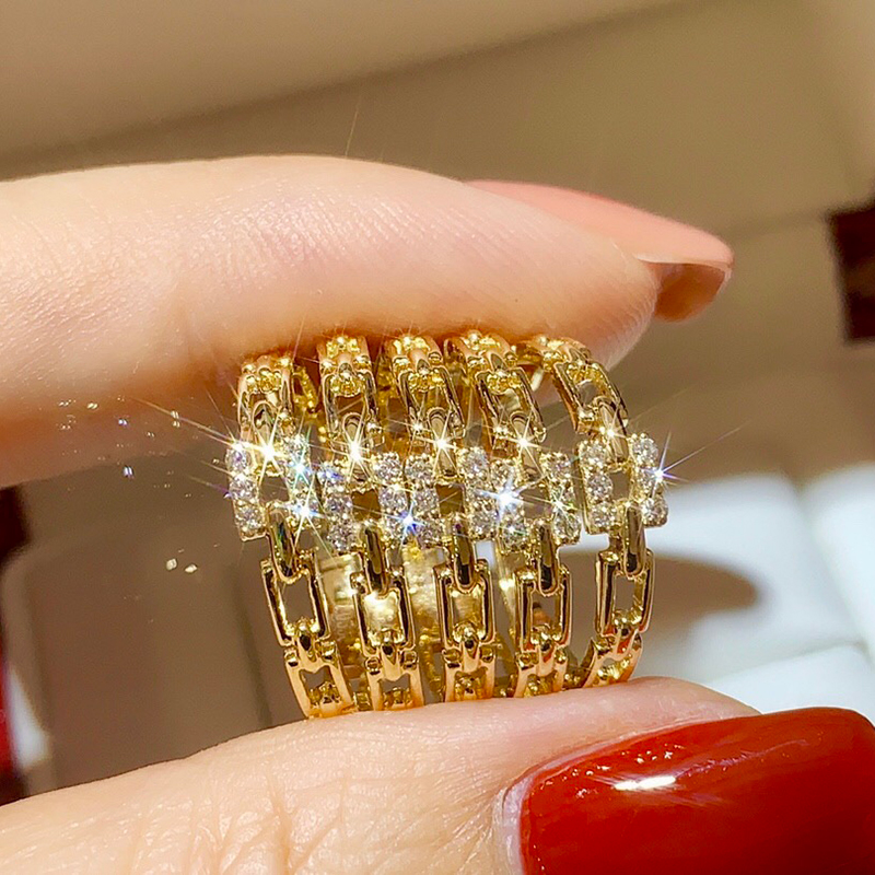 18k黄金钻石戒指女戒排钻简单戒指女小清新几何链条设计钻石戒指