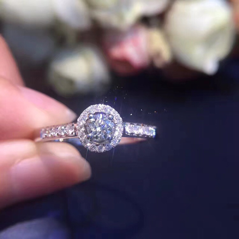 18k白金天然钻石戒指20分主石女戒 群镶圆形满钻订婚求婚结婚钻戒