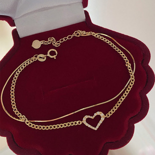 18k金蛇骨链钻石手链女 双层爱心侧身链古巴链天然真钻细手链黄金