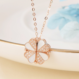 18k金玫瑰金一款多戴四叶草钻石项链女 白贝天然真钻幸运草锁骨链