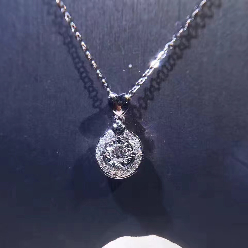 au750钻石金项链女 18K金8分真钻车花锁骨链 心形吊坠白金玫瑰金