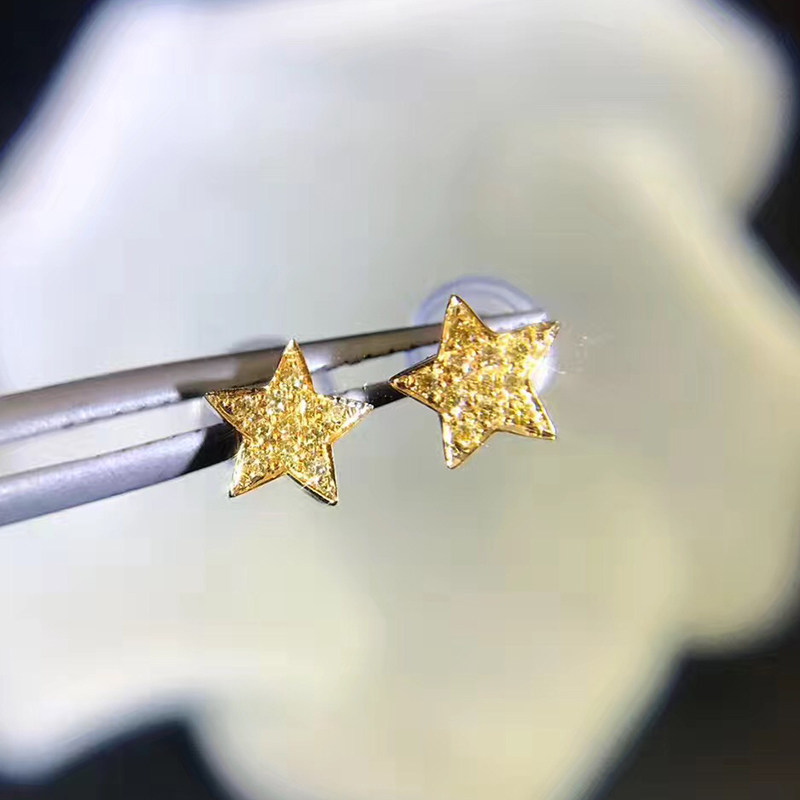 18K金黄钻星星耳钉耳饰 黄金耳钉 小清新钻石耳钉耳环五角星耳钉