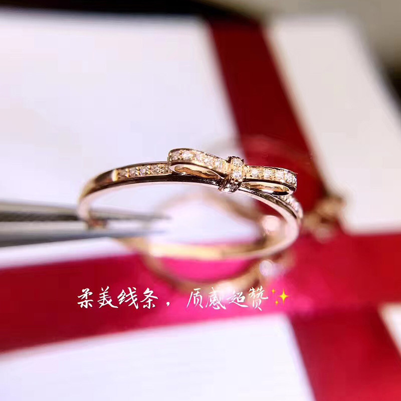 18K蝴蝶结金戒指 钻石小蝴蝶立体钻戒女 小清新女戒 关节戒尾戒