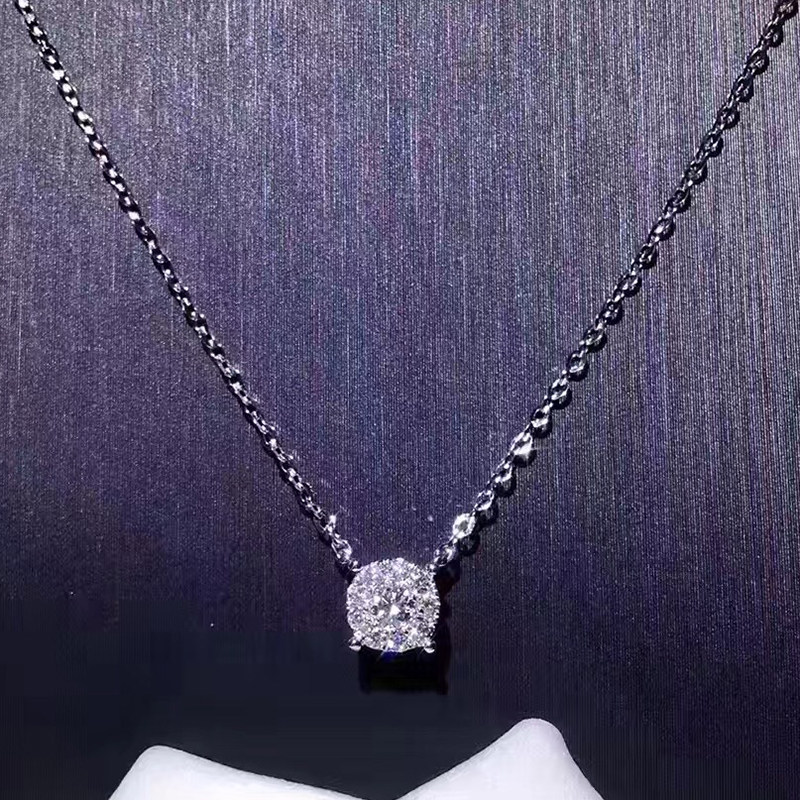 18K金天然钻石项链锁骨链女 群镶四爪10分钻石套链 1克拉效果带证