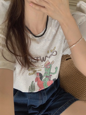 费挪 FINOA&JO2023夏款做旧印花仙人掌趣味韩版休闲T恤