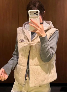 PPQ/25秋冬新款韩版土星针织马甲连帽开衫拉链羊毛背心保暖外套