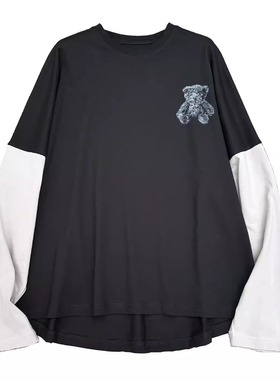 PPQ/WE早秋新款宋亚轩同款小熊印花假两件宽松t恤防晒纯棉长袖女