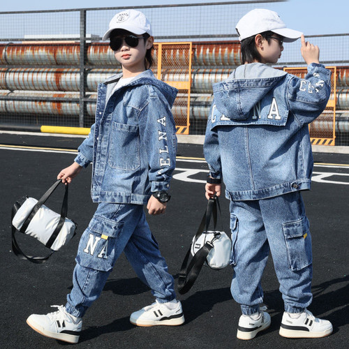新品潮款牛仔套装春秋季薄款外套裤子小童中大童小学生儿童休闲装
