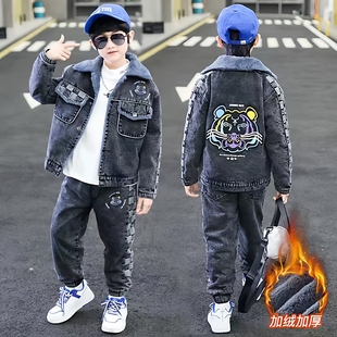 子加绒加厚保暖时尚 冬季 儿童帅气男孩牛仔外套裤 男童2026新款 套装