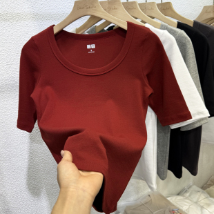 2026春夏新款女装中袖T恤低圆领修身显瘦气质内搭五分袖螺纹上衣