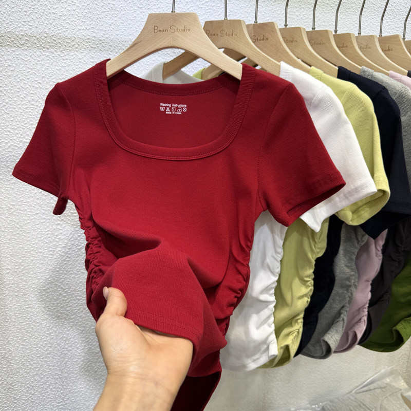 2025夏装新款设计感褶皱方领短袖T恤女修身显瘦正肩收腰螺纹上衣,女装/女士精品,T恤,淘宝优惠券,粉丝福利购,淘宝优惠卷