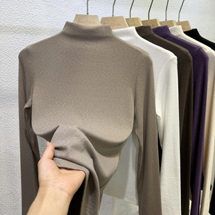 2025秋冬韩系温柔风半高领正肩打底衫 内搭雪花羊绒螺纹上衣 女修身