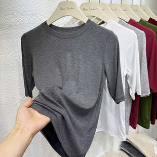 2026春夏柔软面膜T恤女中袖小圆领修身薄款五分袖软糯莫代尔上衣