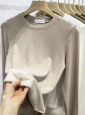 冬季磨毛羊加薄绒保暖长袖T恤女2025羊绒高弹修身内搭打底衫上衣