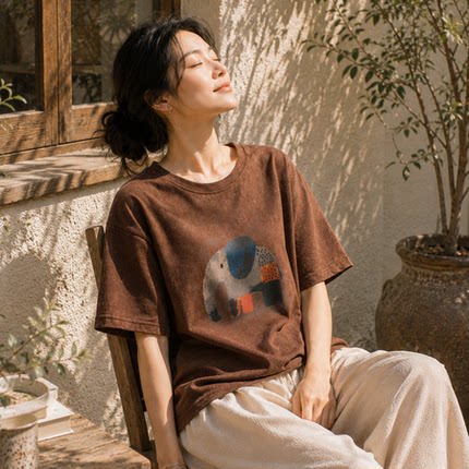 拼色大象印花圆领套头T恤女 松弛随性雪花棉纯色五分袖上衣2026夏