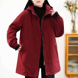 加绒加厚中长款 全棉棉衣冬装 派克服外套女 大版 显瘦工装 绿素棉