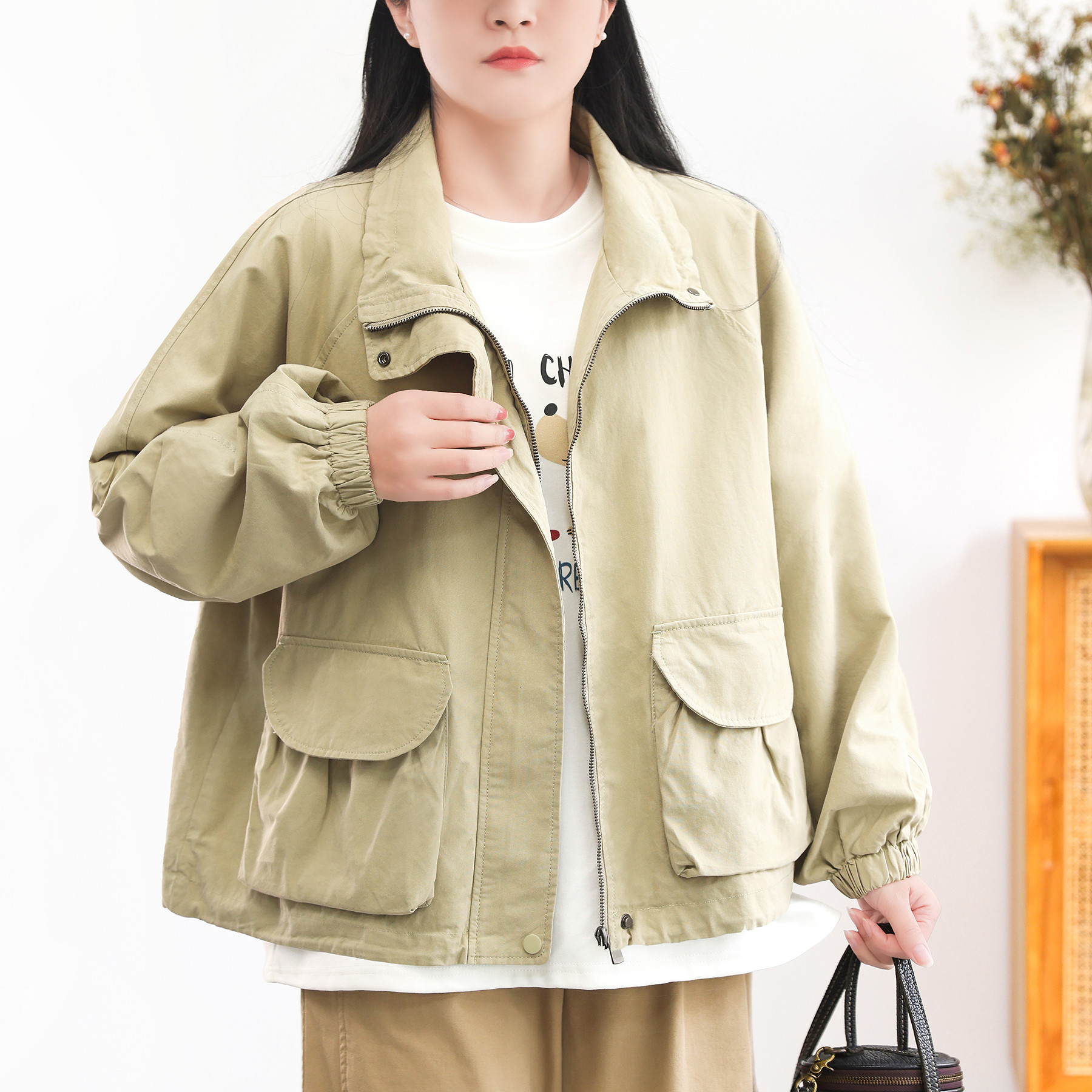 14新 韩版大口袋工装外套女 宽松复古立领休闲夹克上衣早春百搭,女装/女士精品,短外套,淘宝优惠券,粉丝福利购,淘宝优惠卷