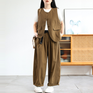 女 卡其休闲裤 超有廓形 工装 配腰带 春装 绿素棉遮肉显瘦直筒哈伦裤