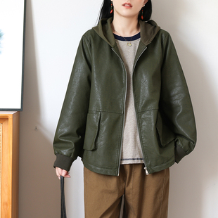 秋宽松防风夹克大码 潮酷帅哦 复古机车PU皮衣连帽外套 绿素棉
