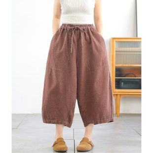 怀旧做旧松紧腰粗麻七分气球裤 大码 女装 直降福利年代感汉麻哈伦裤
